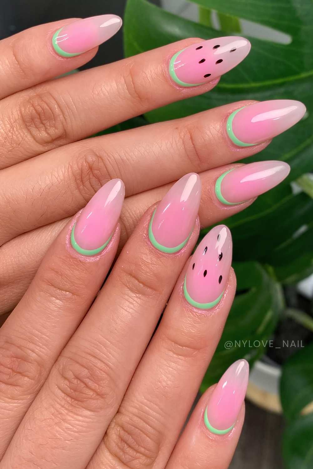 Pink aura mani with watermelon slice art