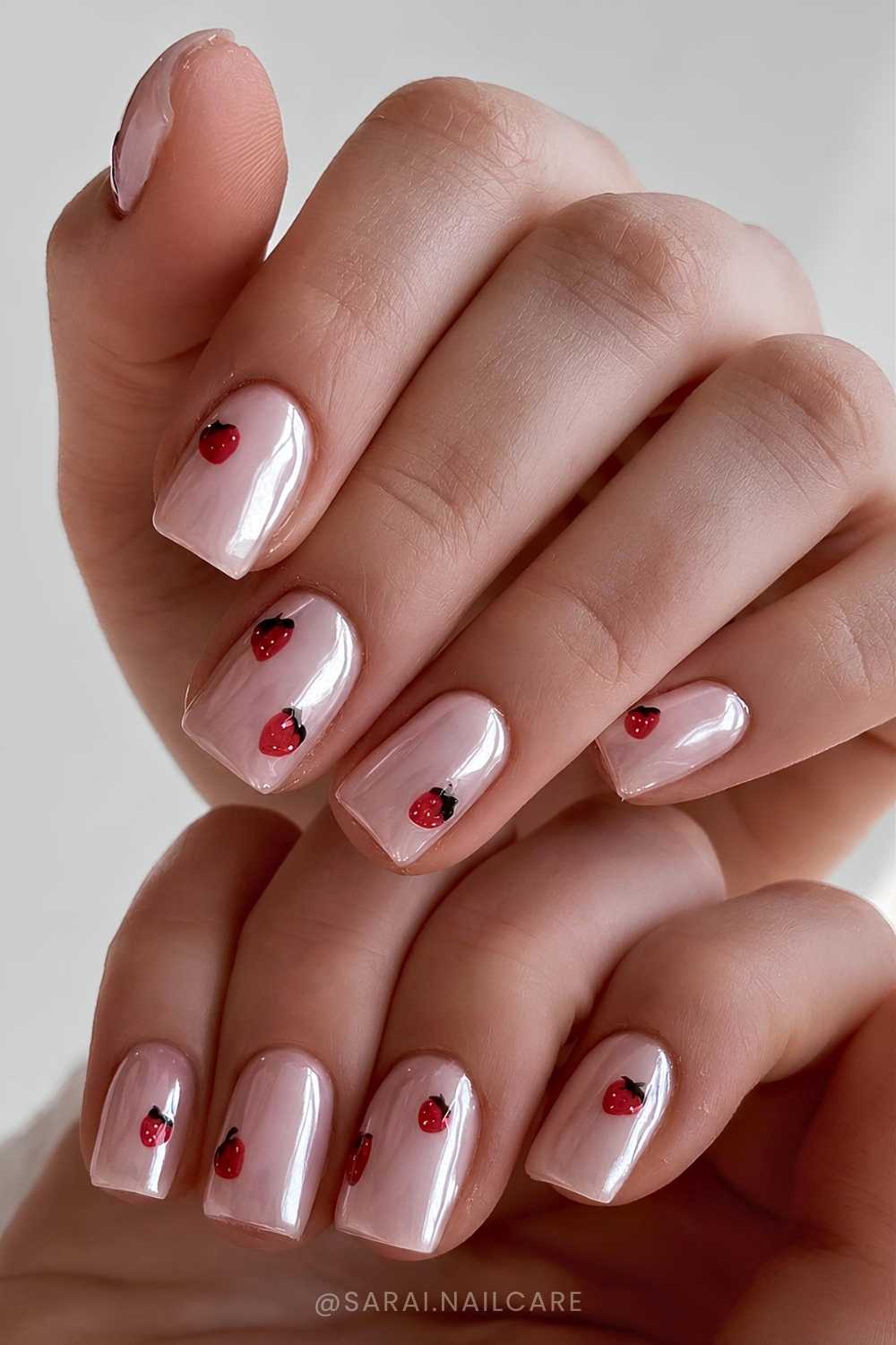Pink chrome nails with strawberry art