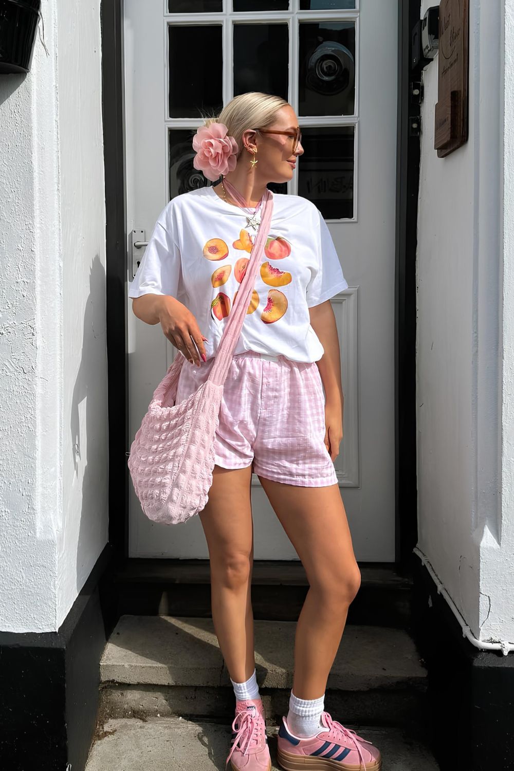 Pink gingham shorts and white peachy tee