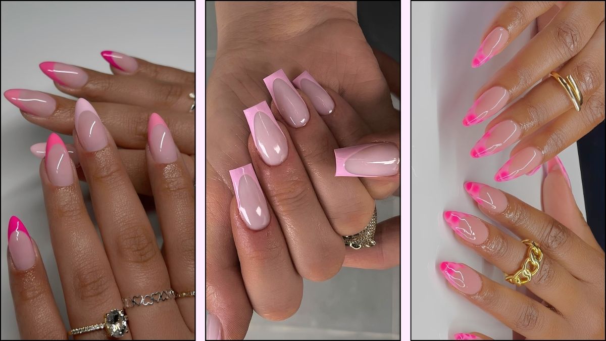 A collage of pink on pink French nail designs