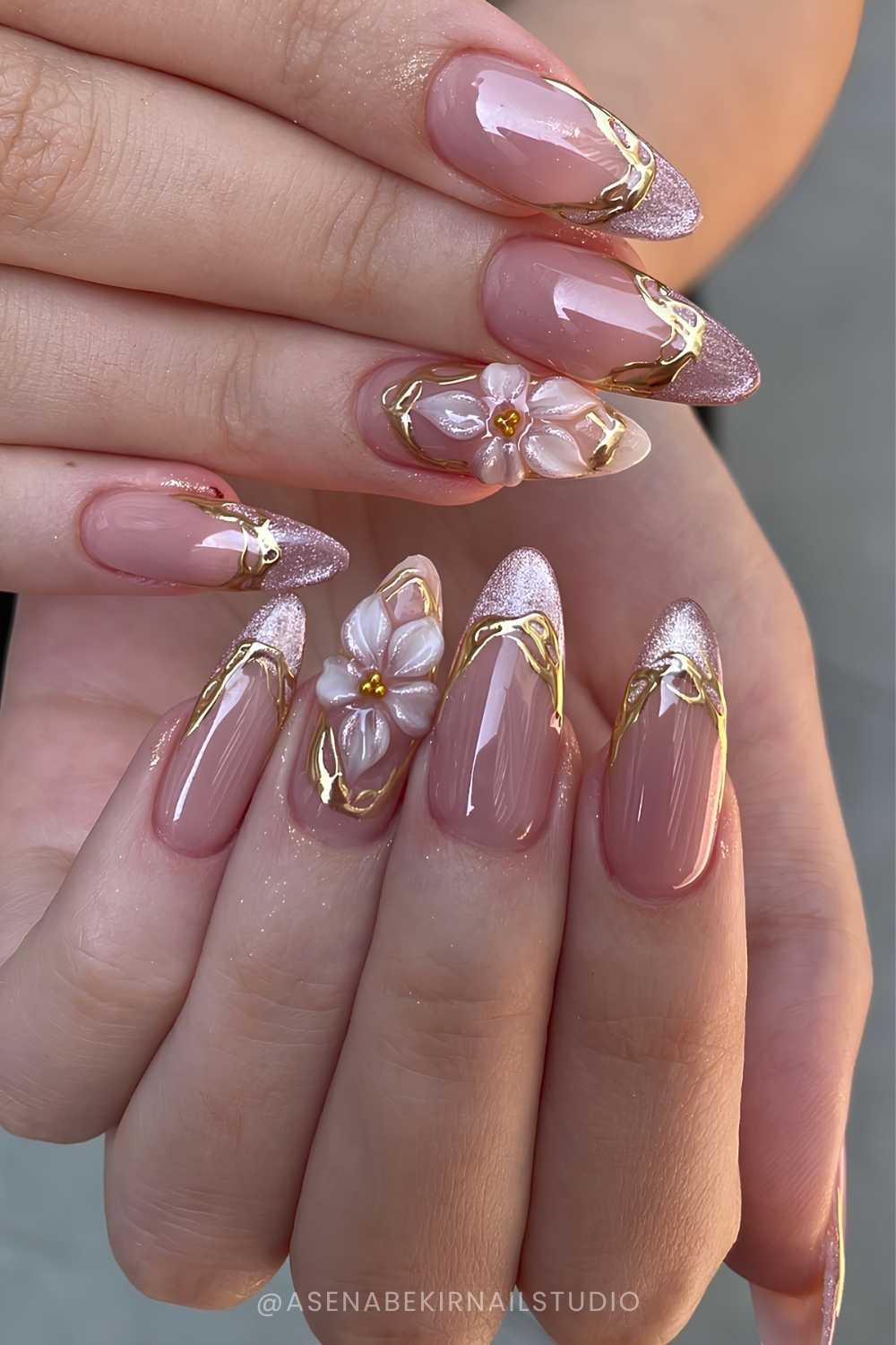 Pink velvet French mani with florals and gold details