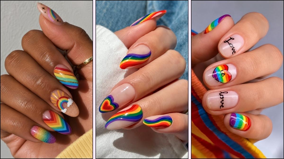 A collage of colorful pride nail designs
