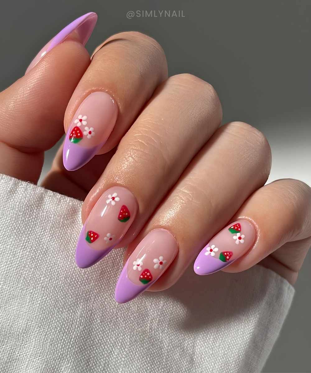 Purple French mani with strawberries and florals