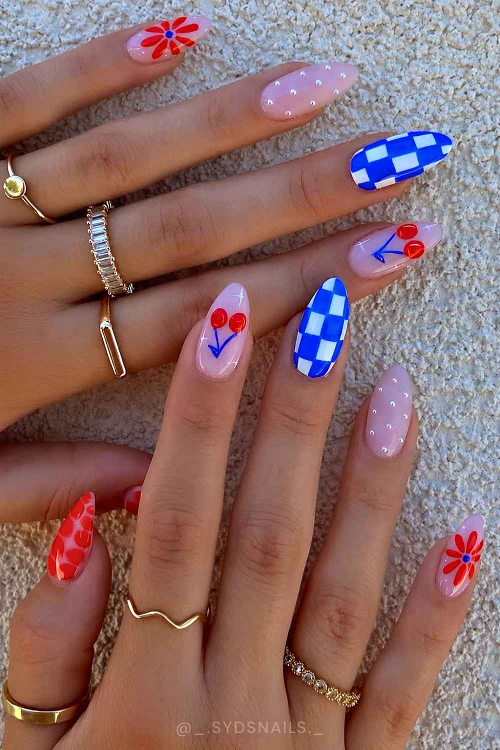 Red and blue mani with checkerboards and cherries