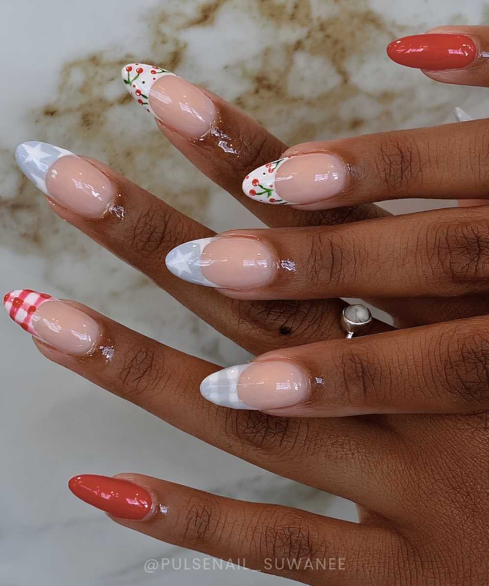 Red and blue nails with gingham and cherry details