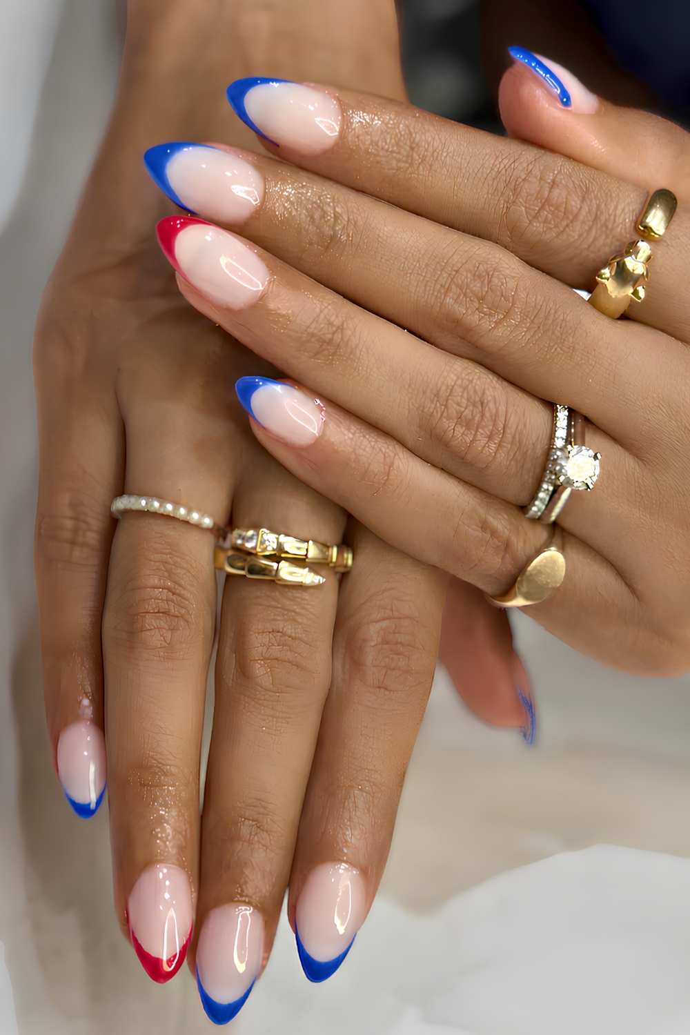 Red and royal blue French manicure