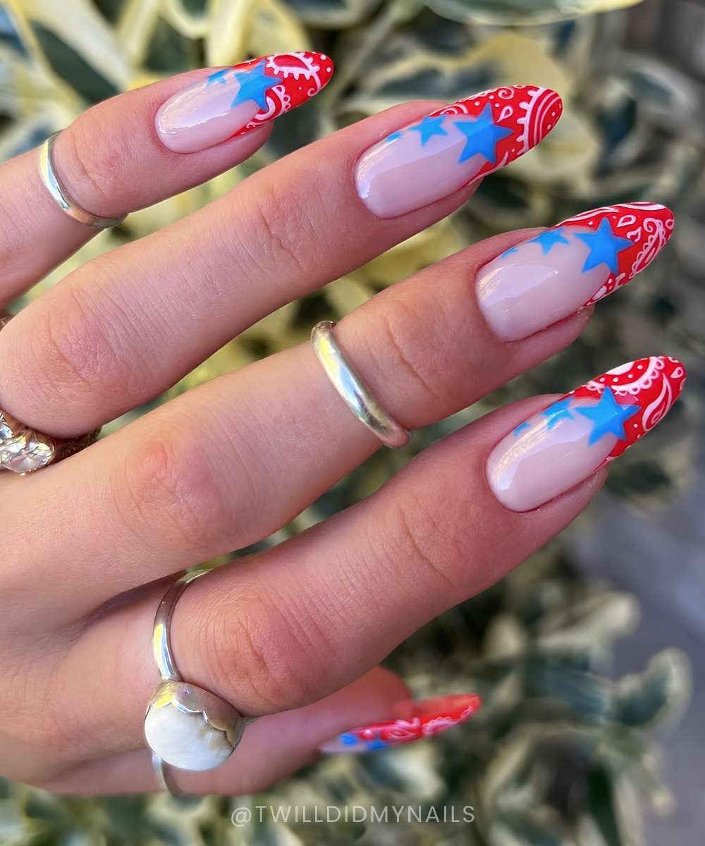 Red paisley French mani with blue stars