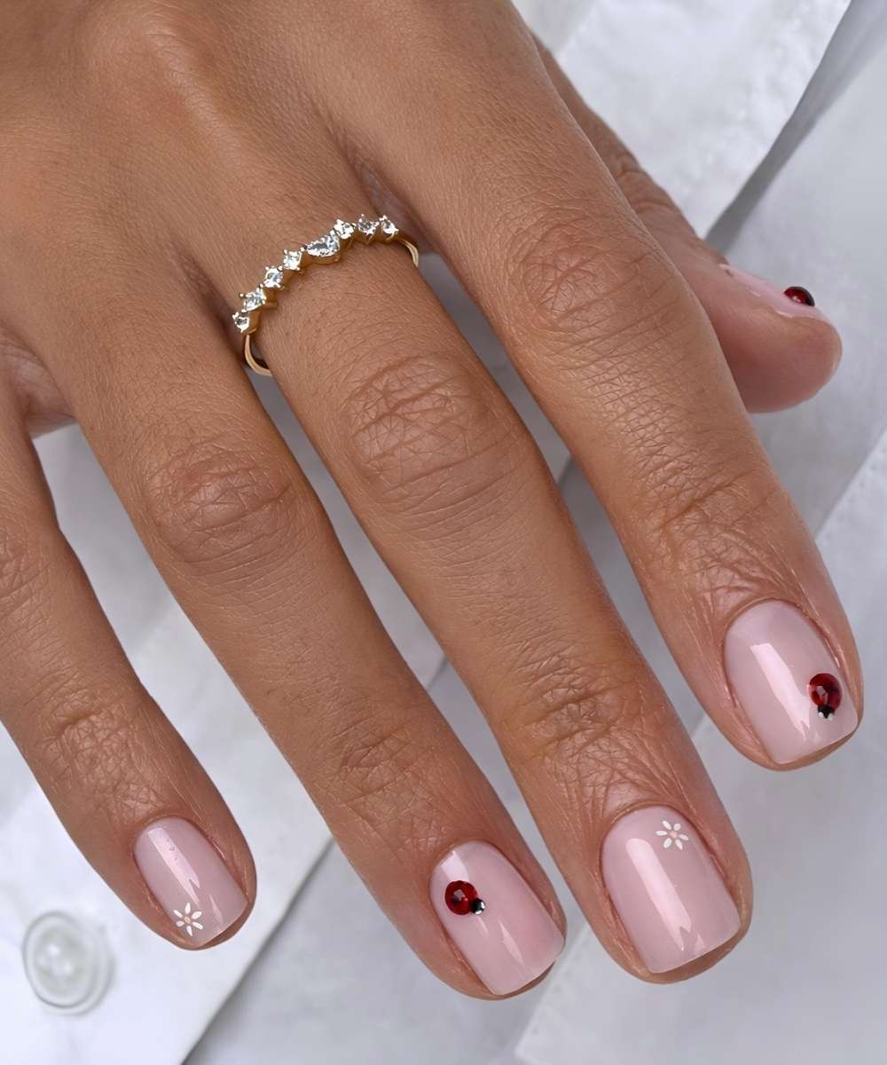 Sheer pink nails with micro ladybug art