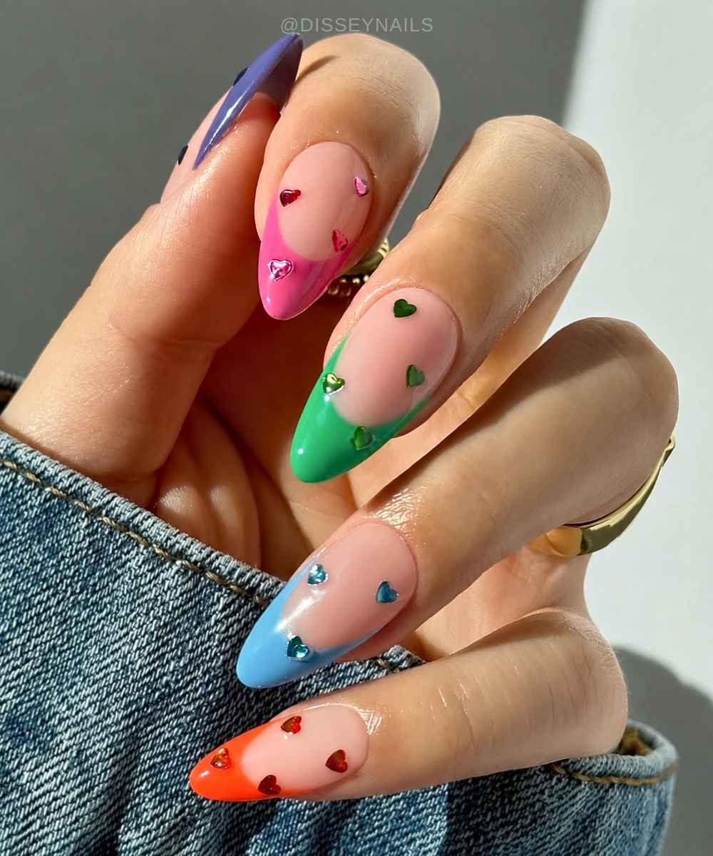 Skittle French mani with heart decals