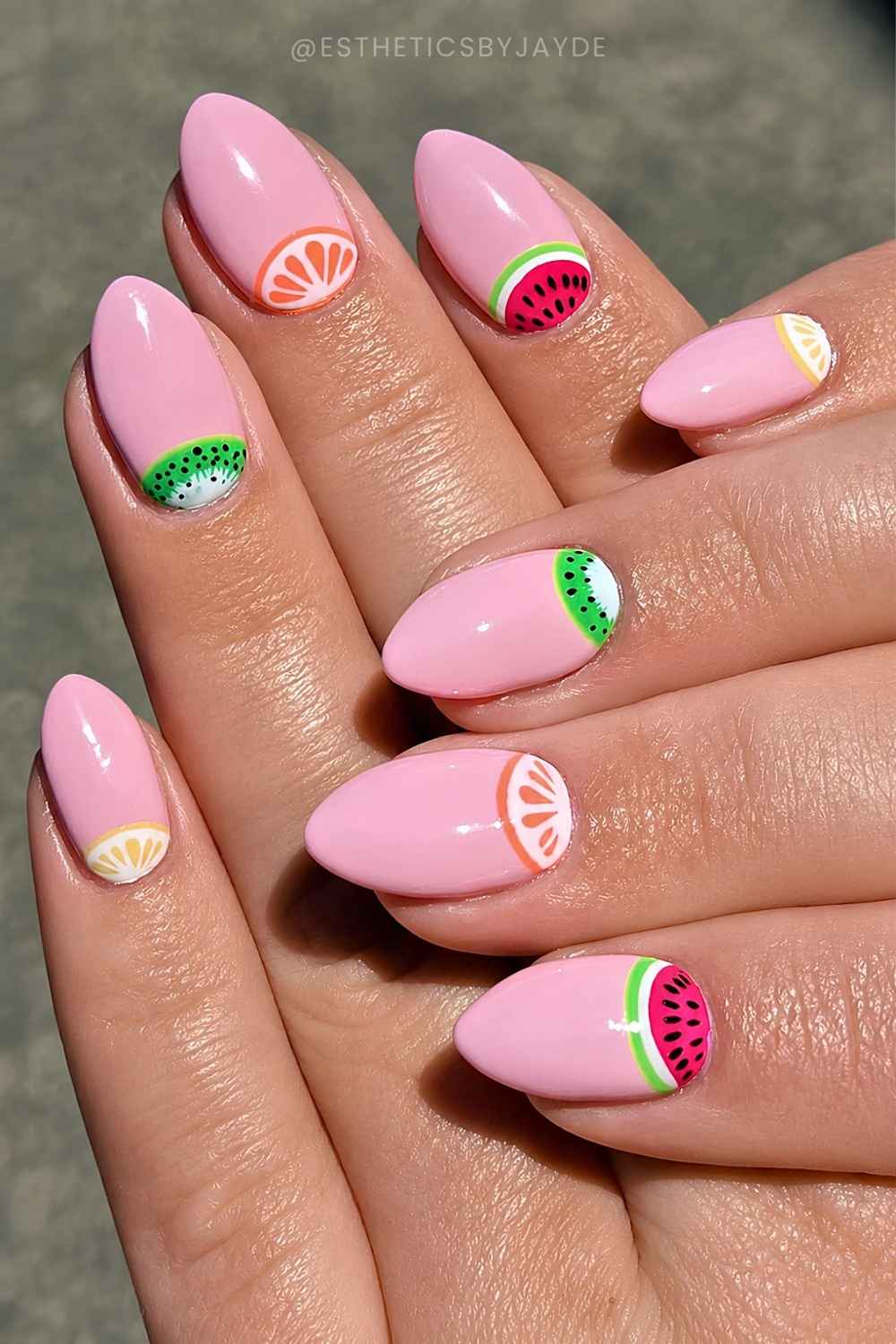 Soft pink nails with cuticle fruit art