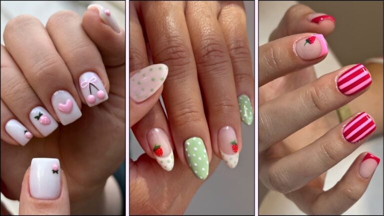 A collage of strawberry nail designs