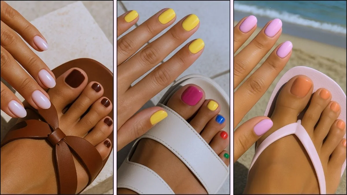 A collage of summer manicure and pedicure combinations