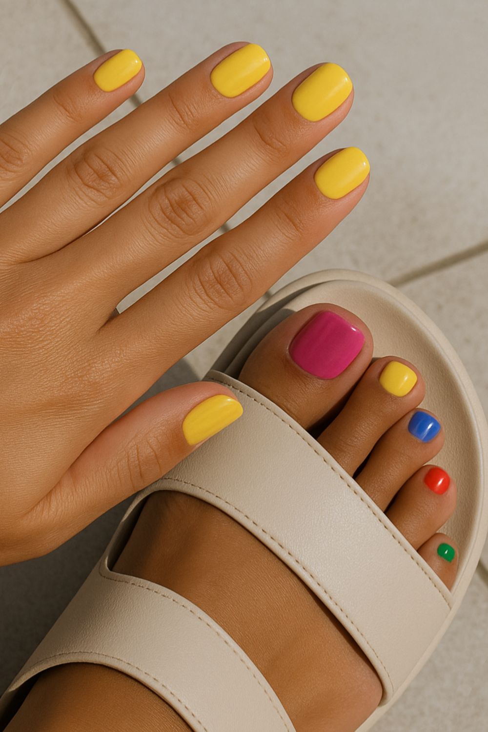 Sunny yellow manicure and colorful pedicure