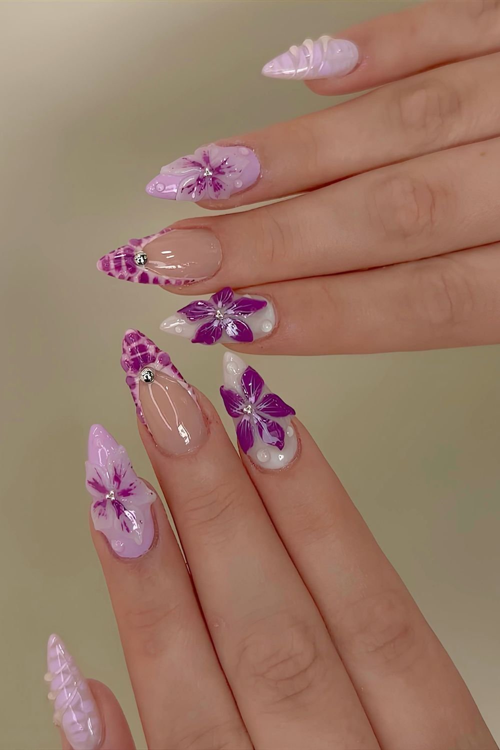Textured purple mani with florals and tips