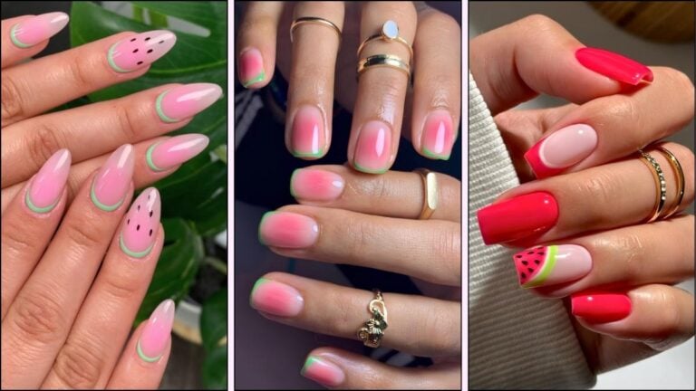 A collage of watermelon nail art ideas