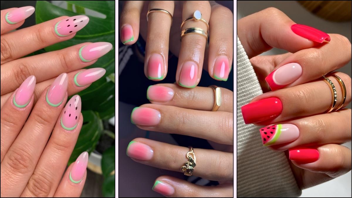 A collage of watermelon nail art ideas