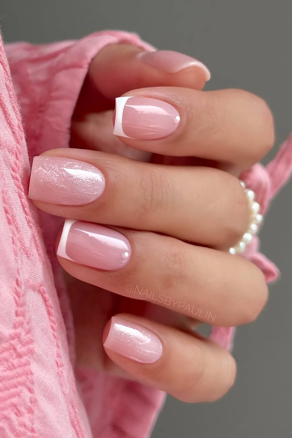 White French mani with mini pearl accents
