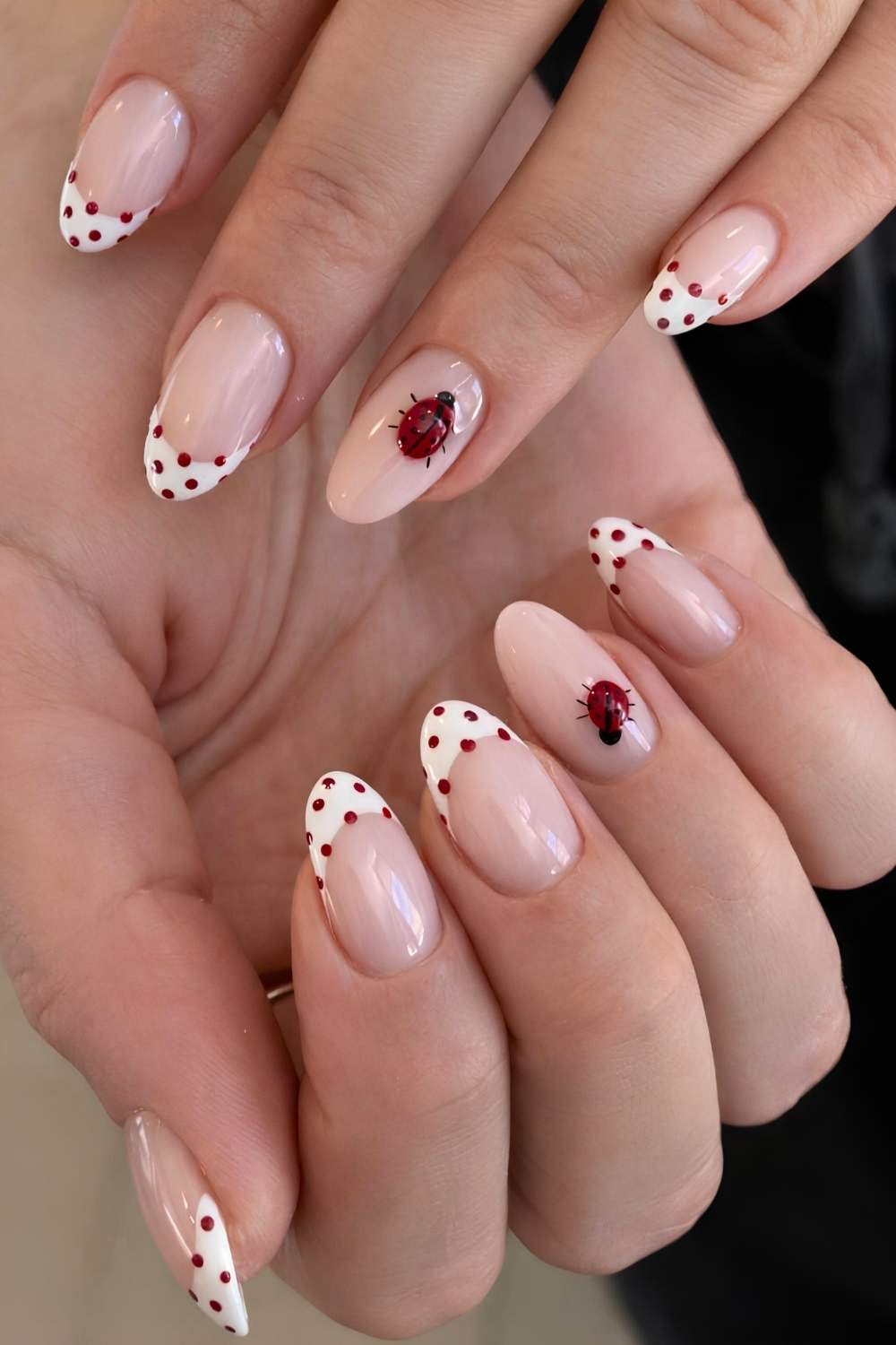 White French mani with red dots and ladybugs
