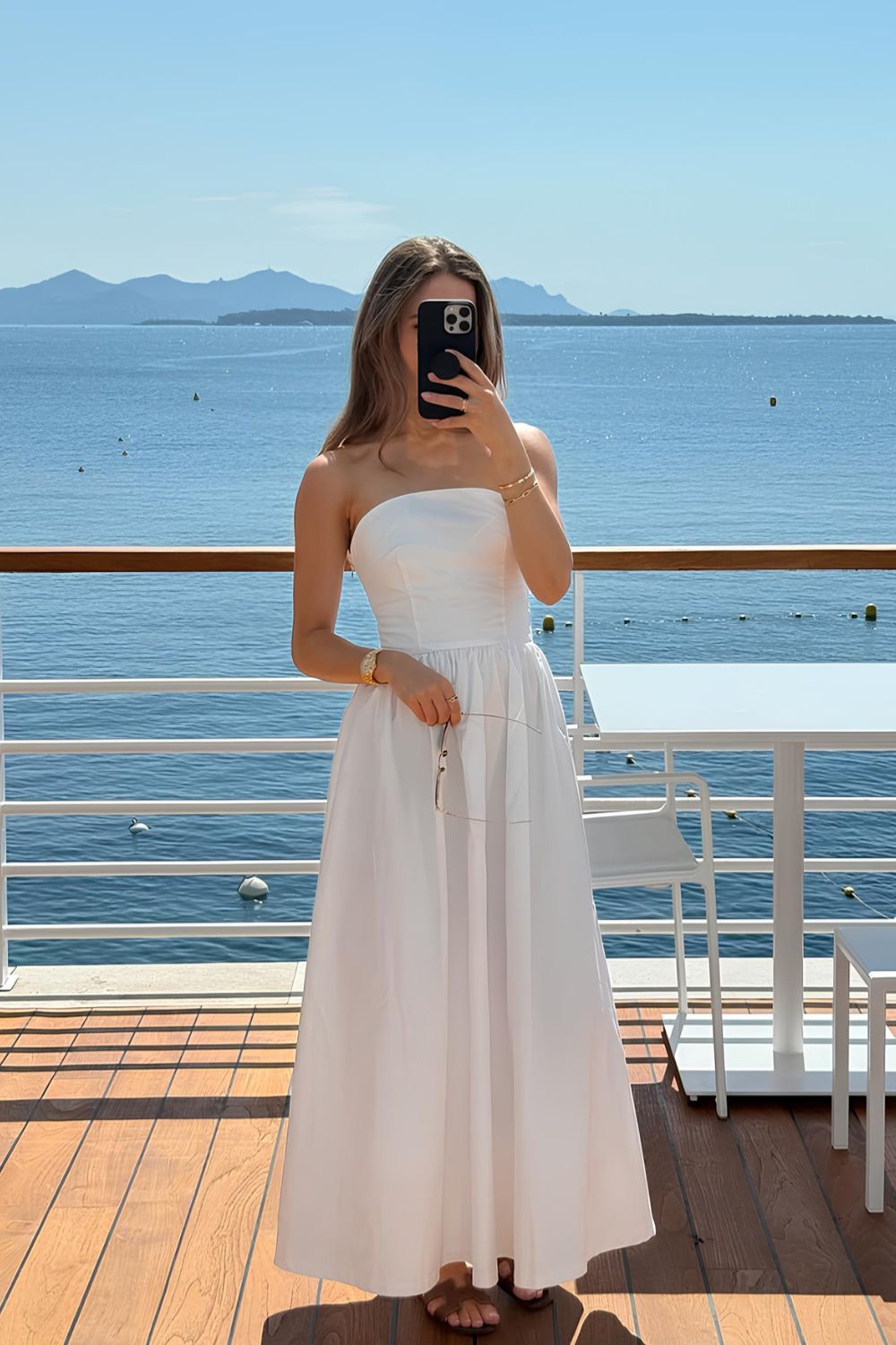 White summer strappless maxi dress