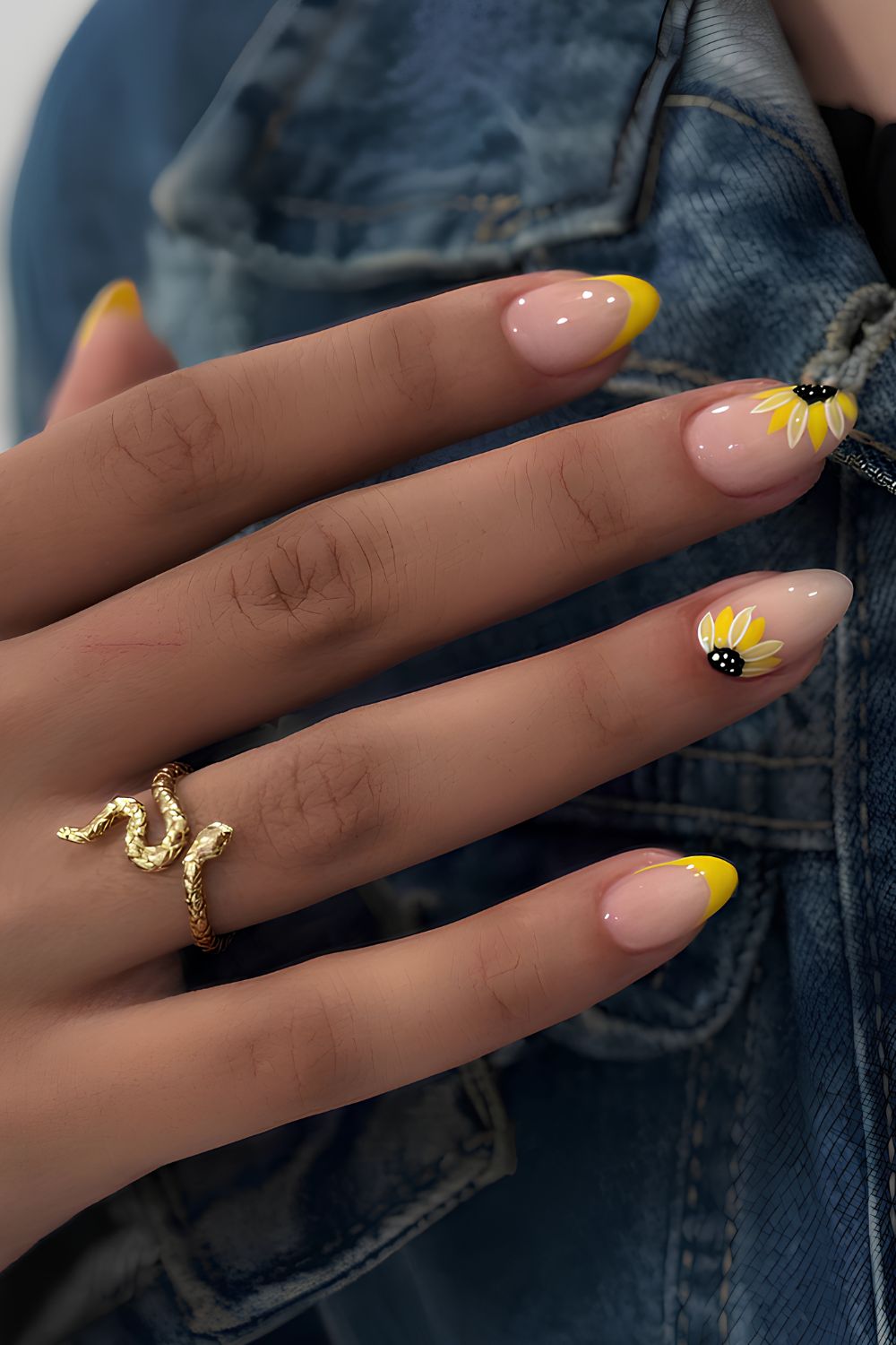 Yellow French nails with sunflowers