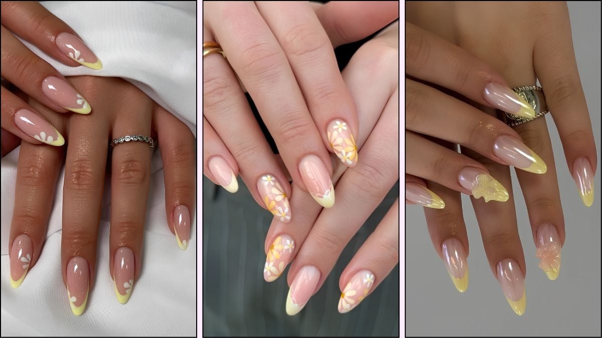 A collage of yellow French tip nail designs