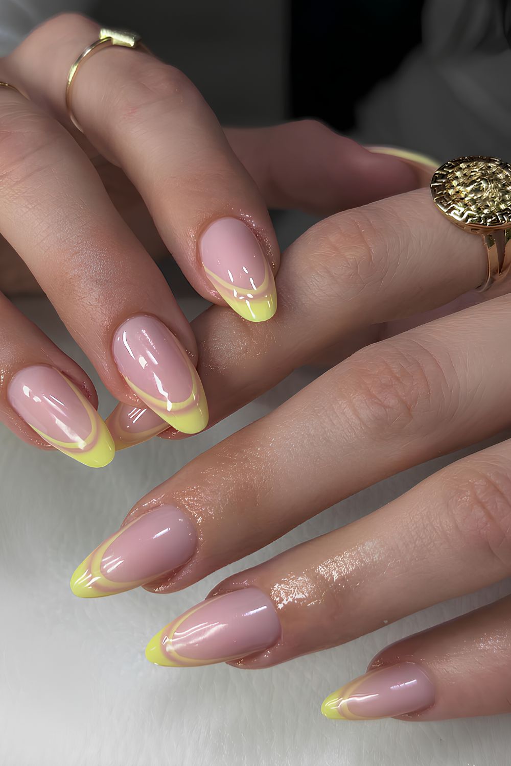 Yellow double French tip nails