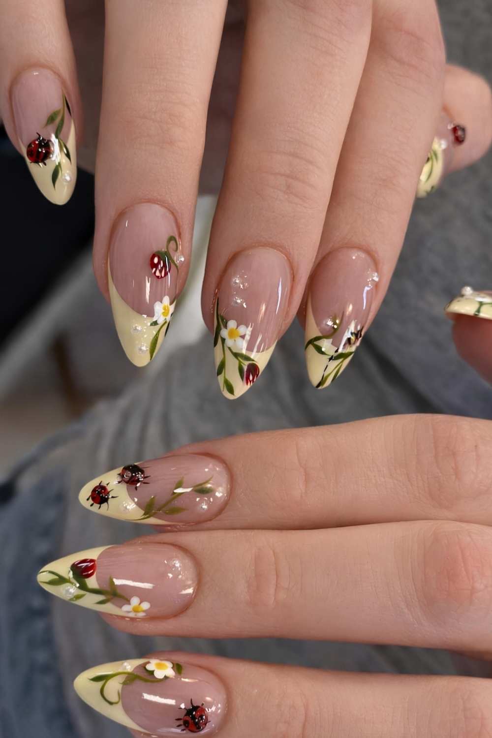 Yelow French mani with spring garden motifs