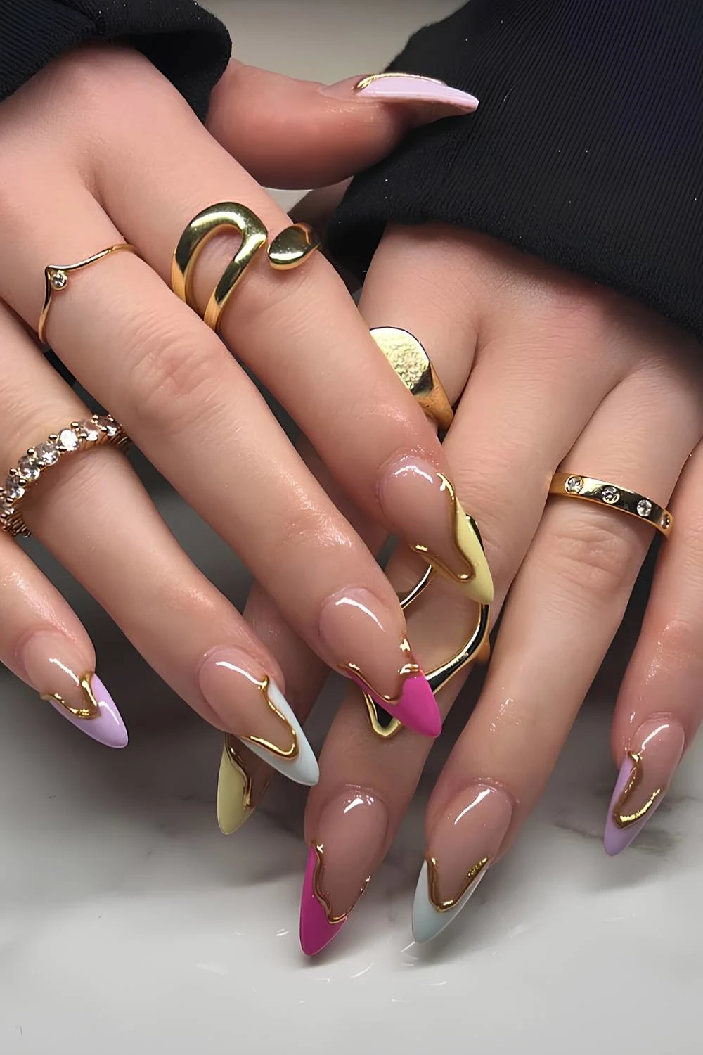 Abstract colorful French mani with chrome outlines
