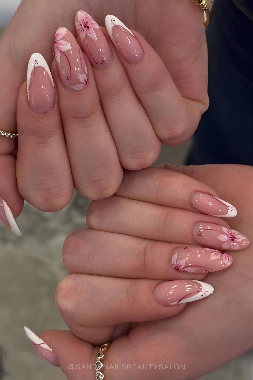 Almond white French mani with cherry blossoms