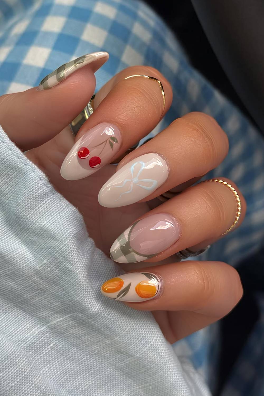 Beige and olive green picnic inspired nails