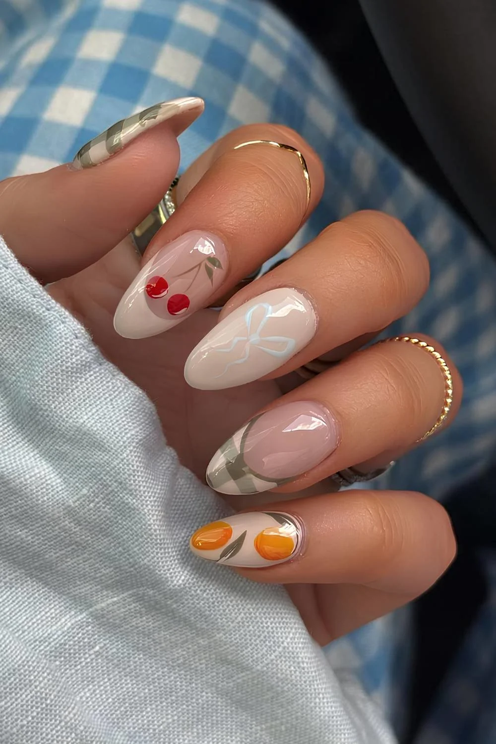 Beige and olive green picnic inspired nails