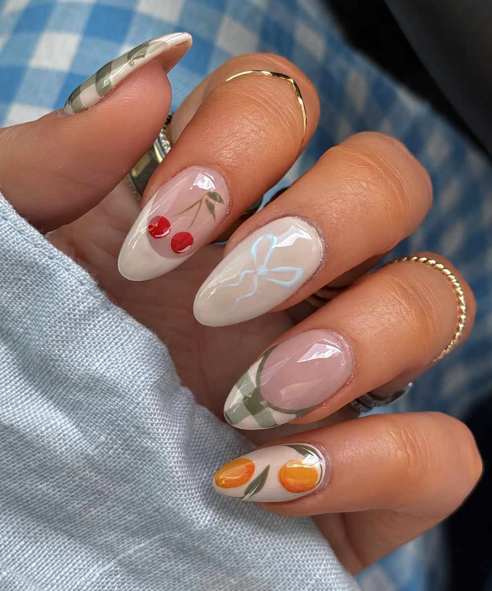 Beige and olive green picnic manicure