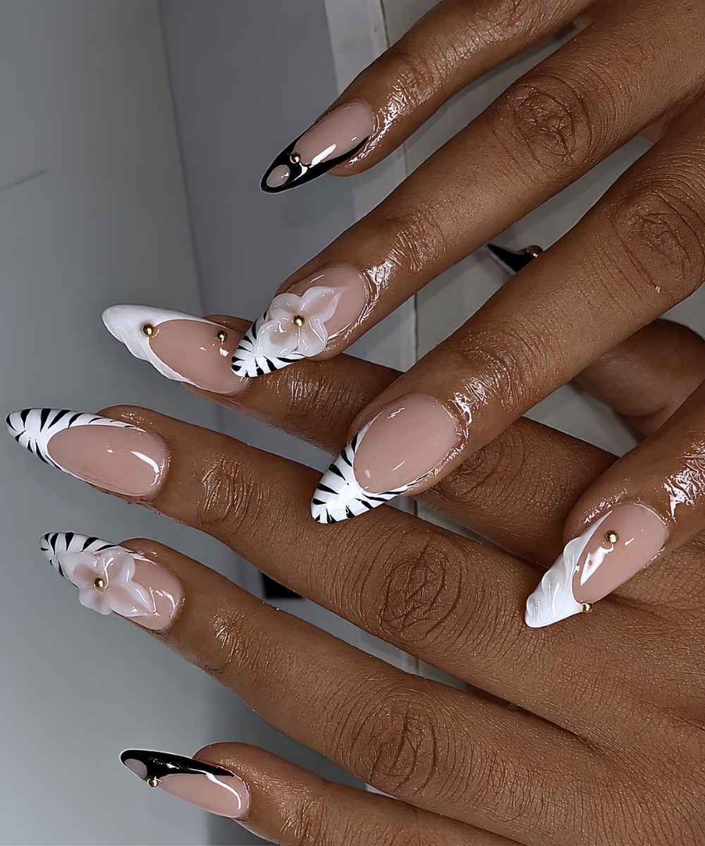 Black and white zebra French mani with florals