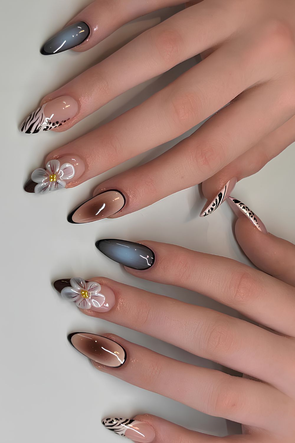 Blue and brown mix and match manicure