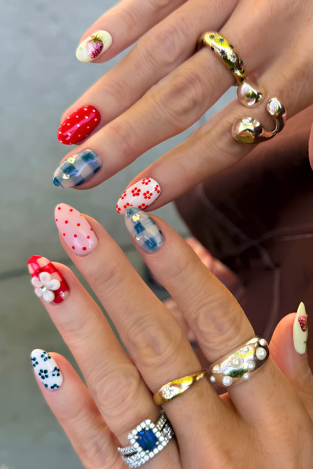 Blue and red picnic nails with gingham and floral art