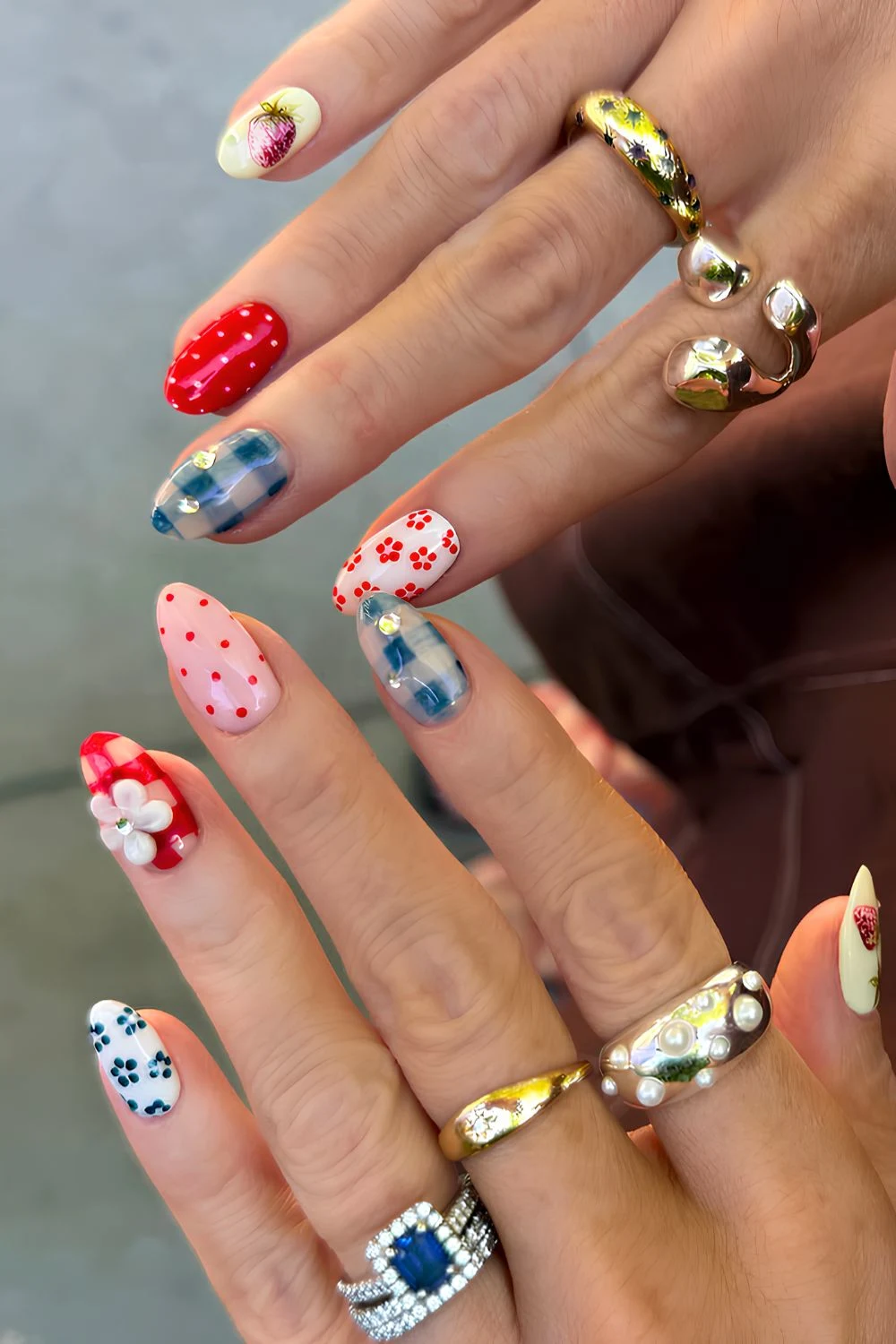 Blue and red picnic nails with gingham and floral art