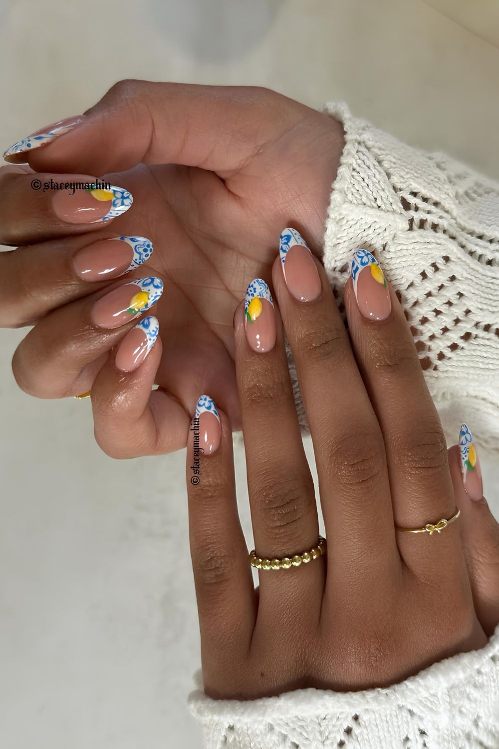 Blue and white French mani with lemon accents