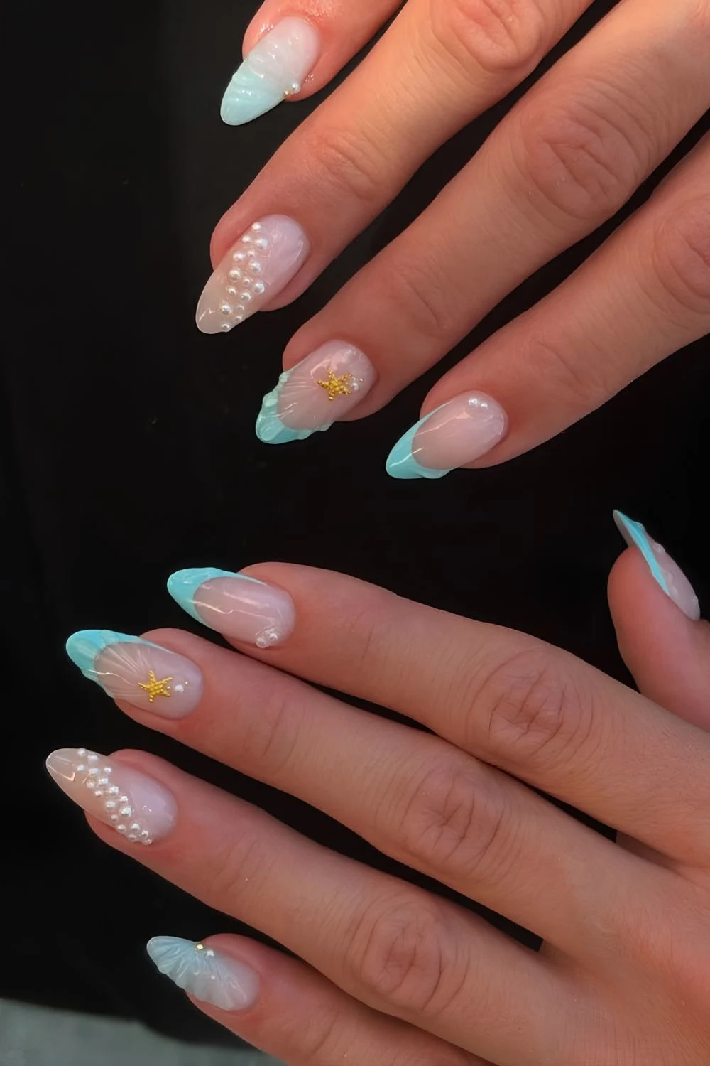 Blue mermaid nails with pearls and starfish accents