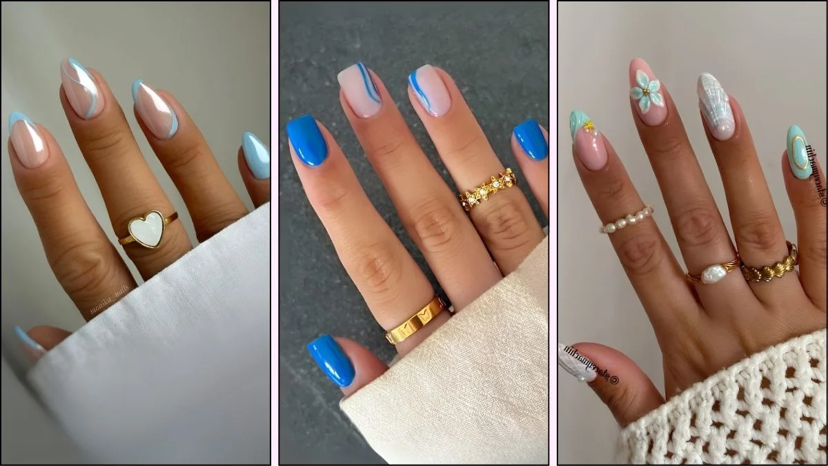 A collage of blue nail designs for summer