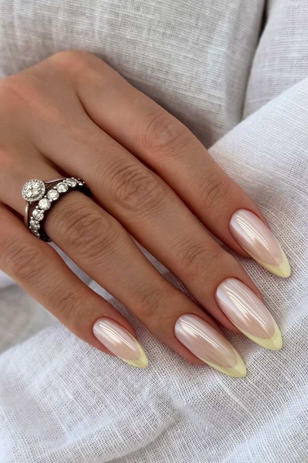 Butter yellow chrome French tip nails