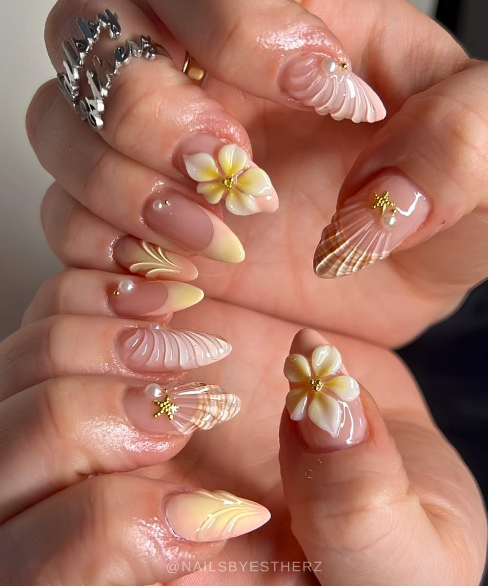 Butter yellow mani with beach art and flowers