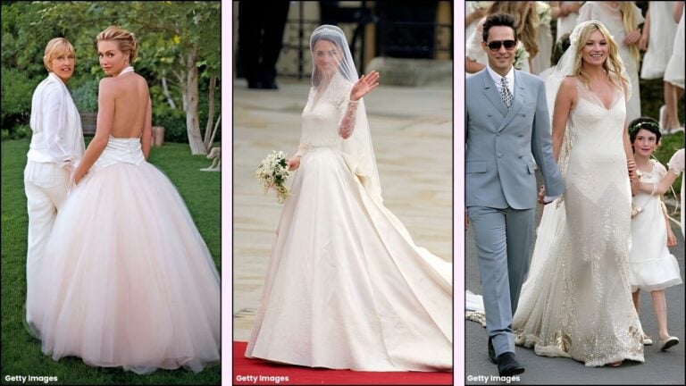 A collage of celebrity wedding dresses