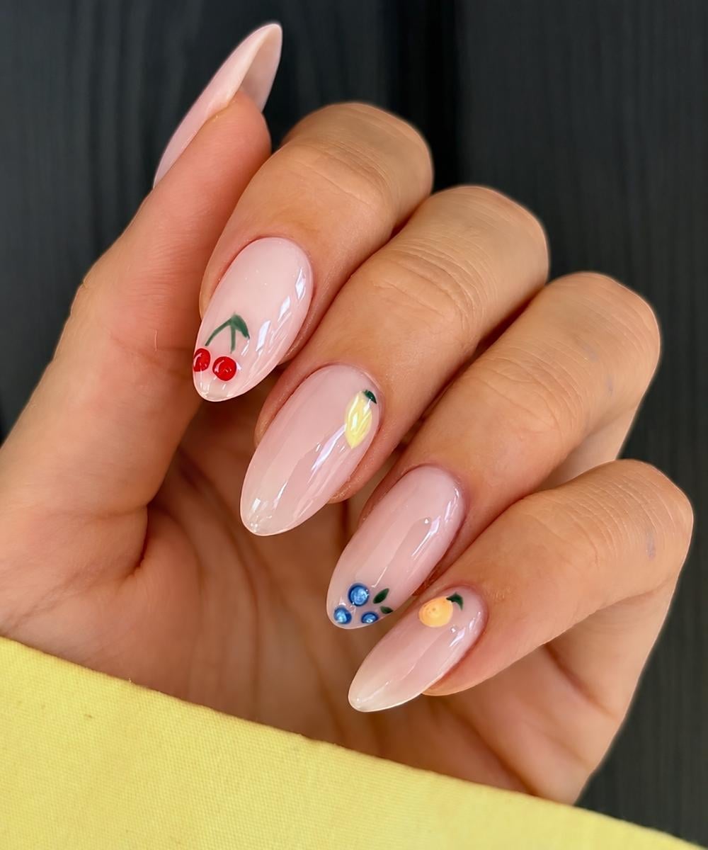 Clean milky nails with fruit accents