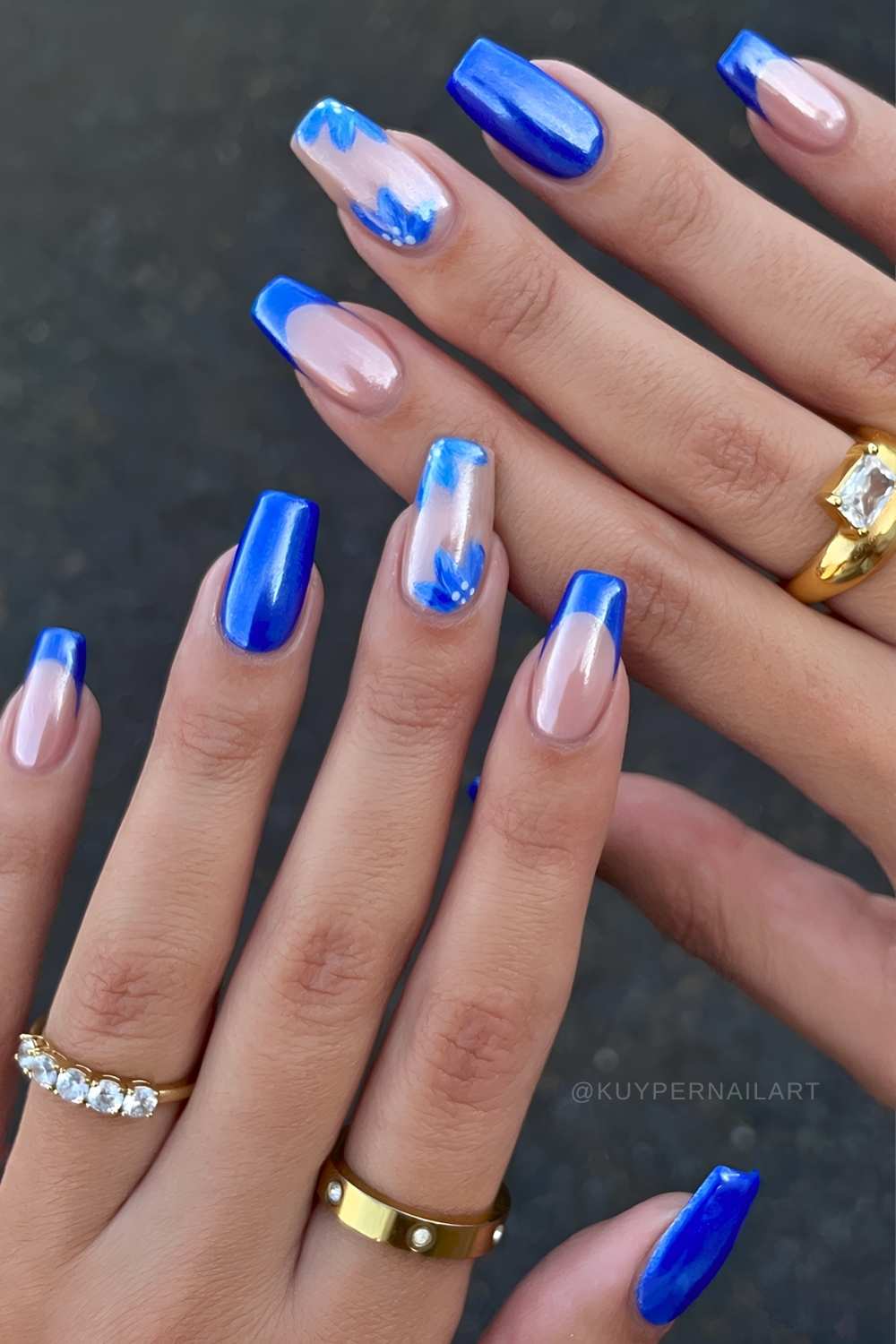 Cobalt blue chrome nails with florals