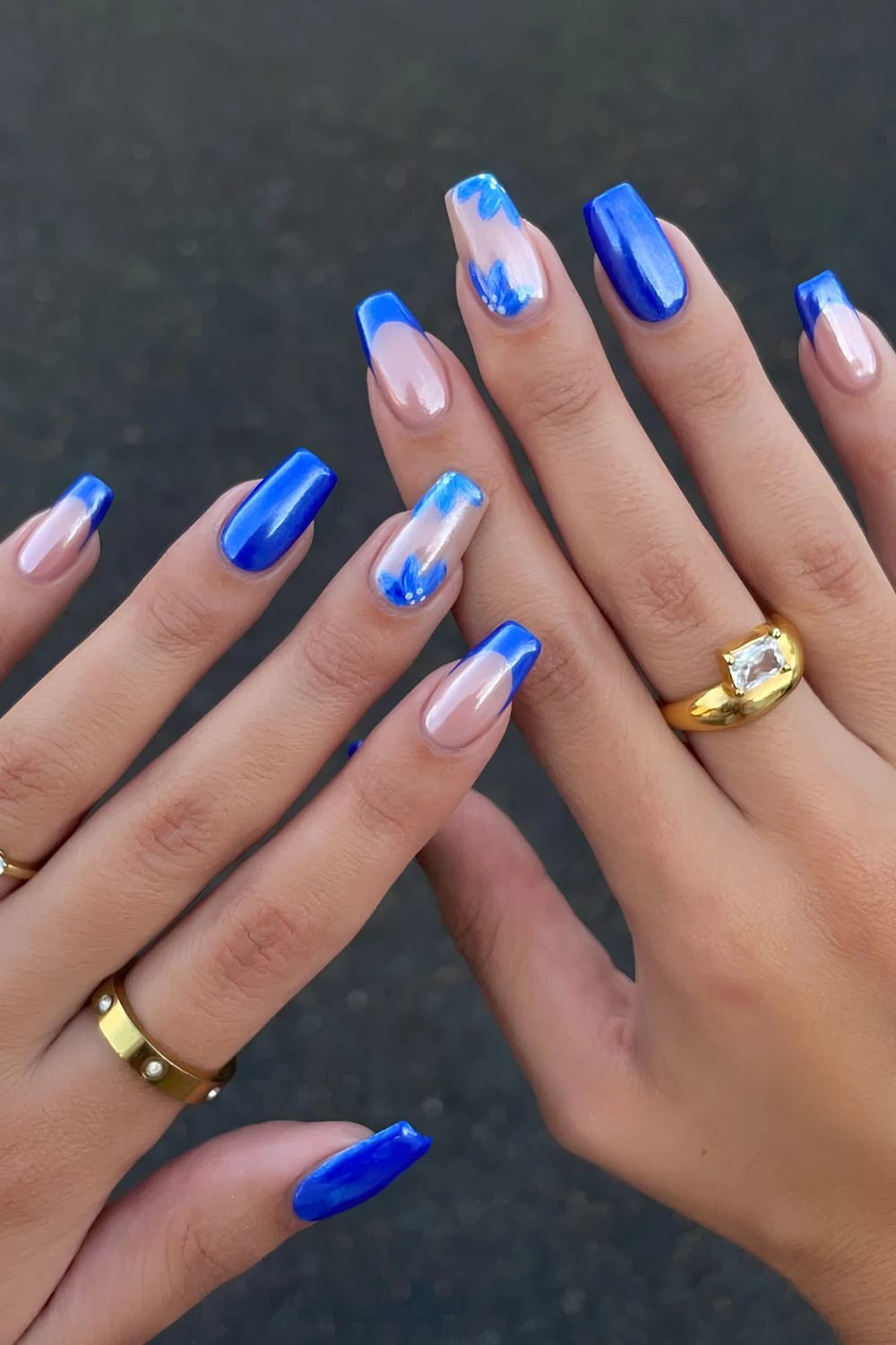 Cobalt bue chrome nails with floral accents