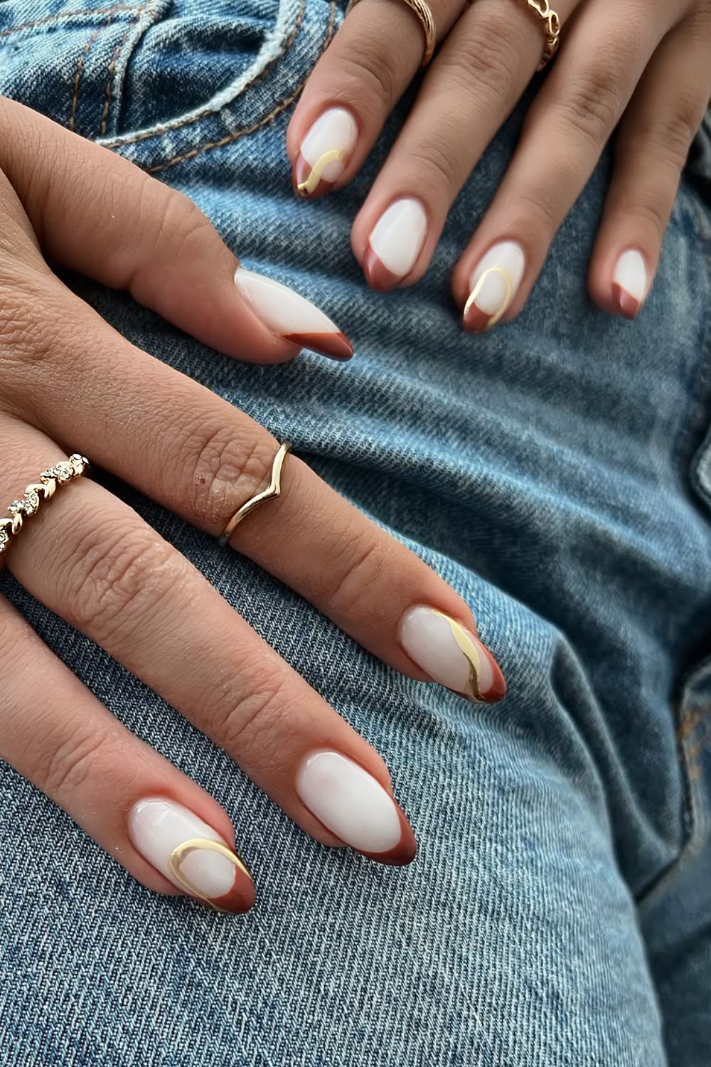 Coconut brown French mani with gold accents
