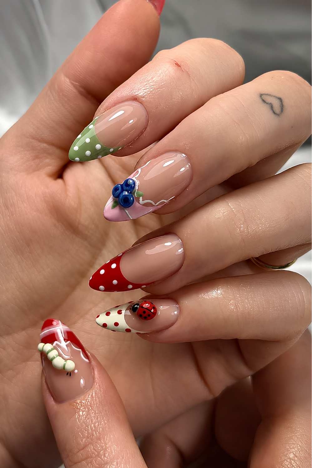 Colorful French mani with 3d fruit and critter art
