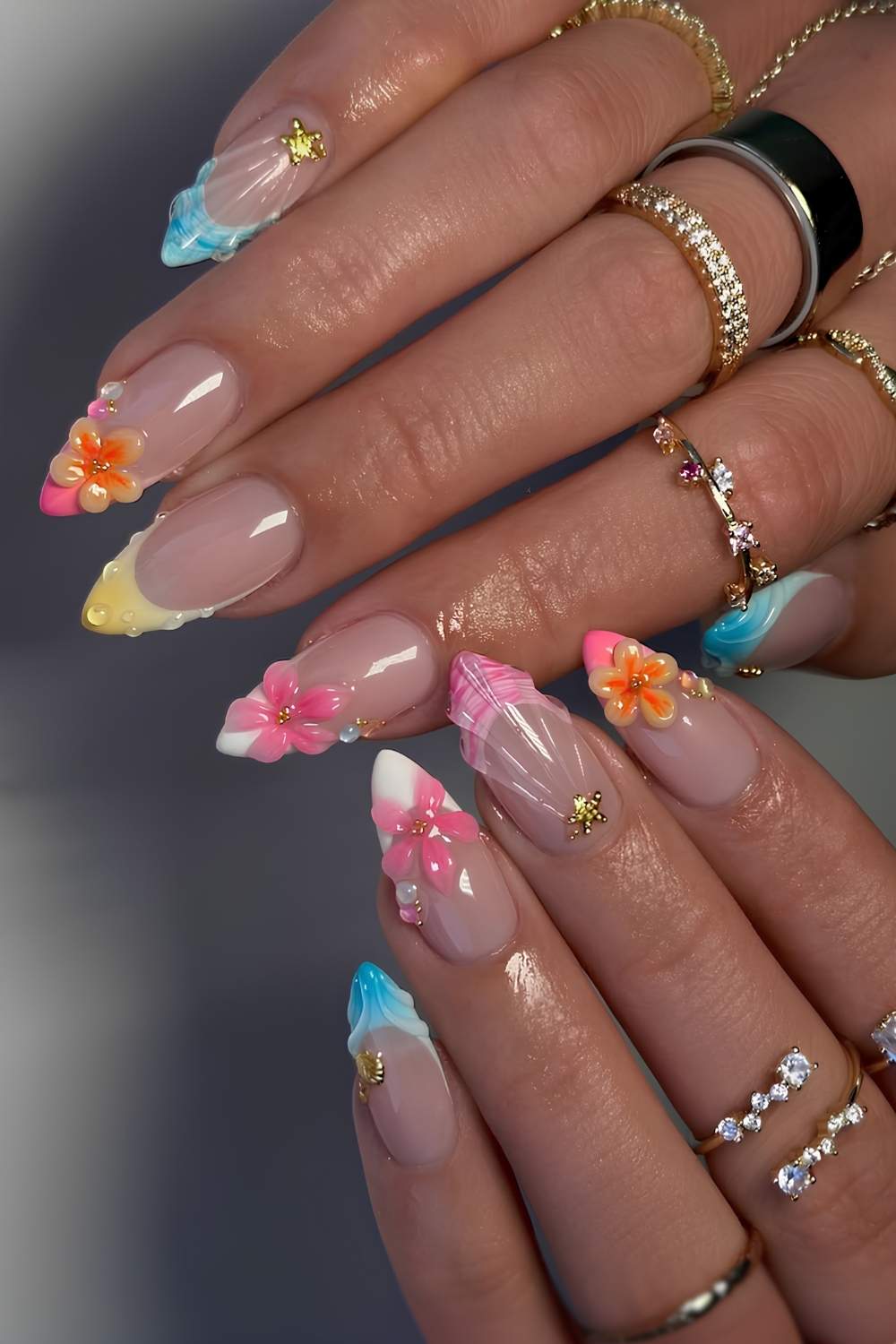 Colorful French mani with beach-core accents