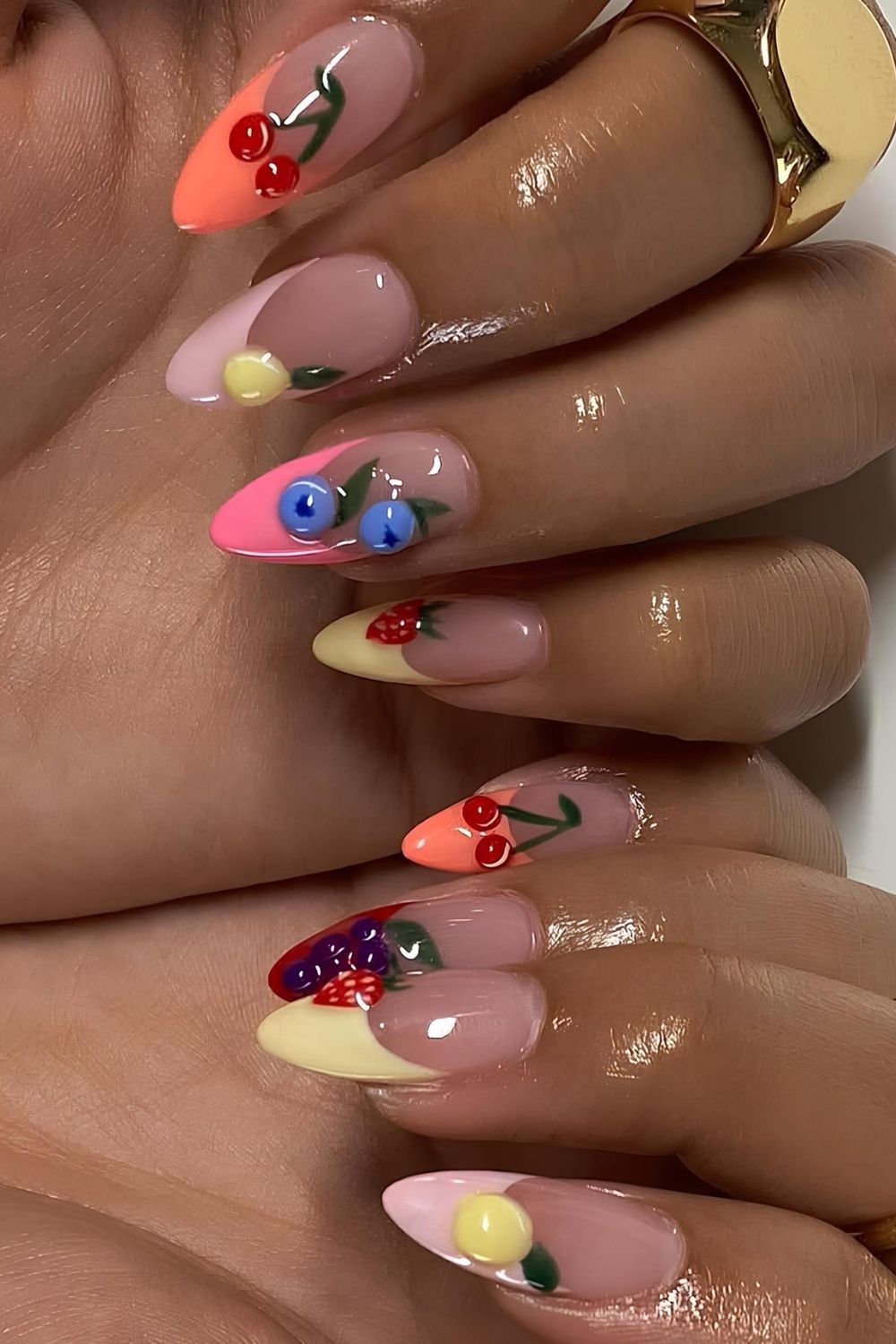 Colorful French mani with fruit accents