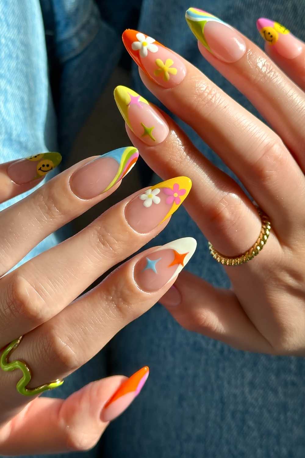 Colorful French mani with mixed motfis